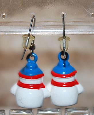 Vintage BLUE HAT SNOWMAN EARRINGS Pair (1" x ¾") with a Yellow Nose & Red Scarf on a Wire Hook Clasp