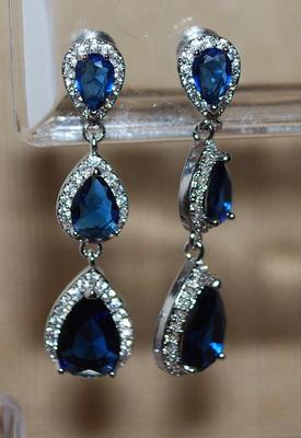 Deep Blue Pear Shaped Triple Stone Earrings Set (1¼") with a Stud Style Clasp