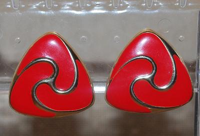Vintage Style Bright Red & Gold Colored & Rounded Heart Shaped Earrings Set (1") with Stud Style Clasp