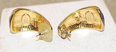 VINTAGE Blue & Gold Colored Curved Earrings Set (1") with 2 DIFFERENT Stud Style Clasps