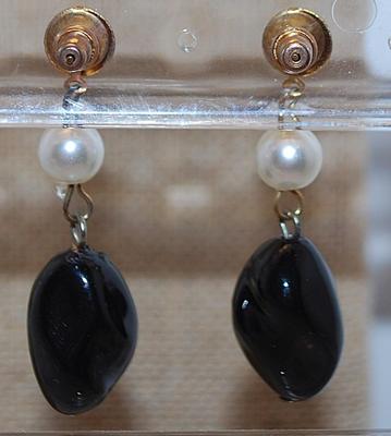 White Faux Pearl & Black Bauble Earrings (2") with Stud Clasp