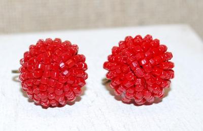 VINTAGE 1930's Marked "Germany" RED Raspberry Glass Beads Earrings (¾" Circ.) with a Screw Attachment