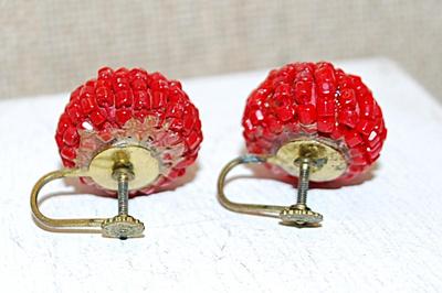 VINTAGE 1930's Marked "Germany" RED Raspberry Glass Beads Earrings (¾" Circ.) with a Screw Attachment