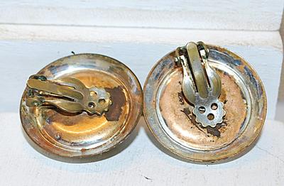 VINTAGE 1940's Large Pearl Style Earrings (1⅛" Diam.) with Small Rectangle Clear Stones Surround & Snap Clasp