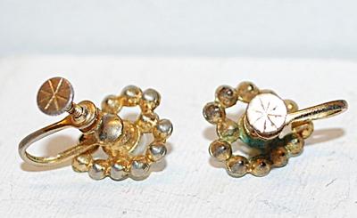 VINTAGE 1938 Faux Pearl HEART Style Earrings (½" x ½") with Different Colored Surround Stones (Replacments?) on a Screw Clasp