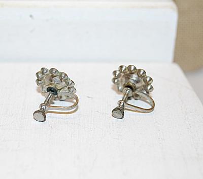 VINTAGE 1930's BLACK Glass Stone Earrings (½" x ½") with 11 Round Clear Stones Surround & Screw Clasp