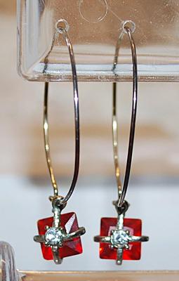 Vintage RED Wrapped Holiday Presents EARRINGS Pair (1¾" Diam.) with a Single Stone and Silver Colored Ribbon on a Hoop Style Clasp