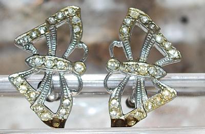 VINTAGE 1930's or 1940's Bejeweled BUTTERFLY EARRINGS (1¼" x ¾") with a Screw Style Clasp