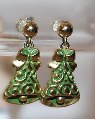 Vintage GREEN & GOLD Colored BELL EARRING Pair (1" x ½") with Bow and Stud Style Clasp