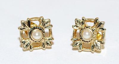 Delicate Faux PEARL EARRINGS (¼" Square) with Leaf Corner Accents and Stud Post Clasp