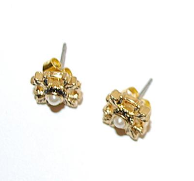 Delicate Faux PEARL EARRINGS (¼" Square) with Leaf Corner Accents and Stud Post Clasp