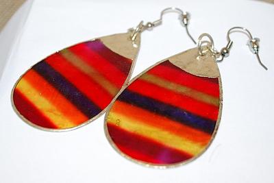 Large Teardrop Style EARRINGS in Red, Orange and Yellow Shiny Acrylic with a Hook Clasp
