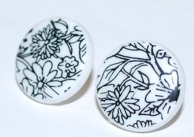 Black Line Flower Design EARRINGS on White Acrylic Circle with Gold Tone Stud Post Clasp