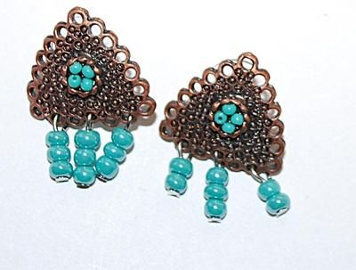 Brass Colored Triangles EARRING Set with Aquamarine Beads (3 on 1 earring and 2 on the other) with a Stud Post Clasp