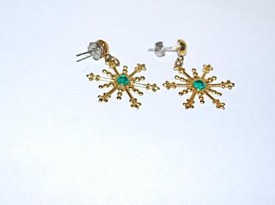 Green Center Stone STAR EARRINGS Set with Gold Tone Spikes and Stud Post Clasp