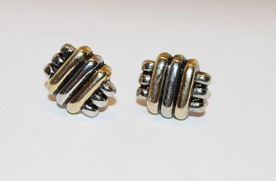 Two Tone Gold & Silver Colored EARRINGS Set with Overlap Triple Lines and Stud Post Clasp
