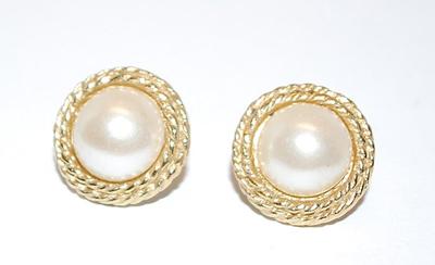 Faux Pearl Button EARRINGS Set with Gold Tone Rope Surround and Stud Post Clasp
