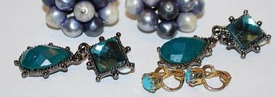 Vintage Collection of 3 EARRINGS Sets with Gray Clusters, Green Teardrops and Single Aquamarine Stones