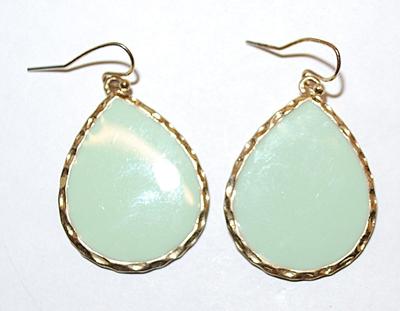 Green Enamel TEARDROPS EARRINGS Set with Gold Tone Surround and Wire Hook Clasp