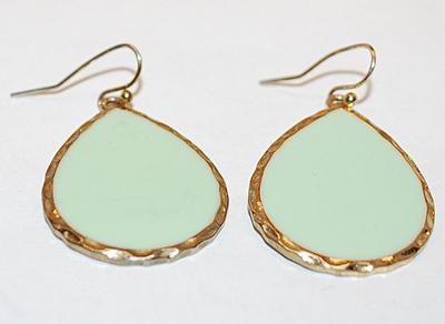 Green Enamel TEARDROPS EARRINGS Set with Gold Tone Surround and Wire Hook Clasp