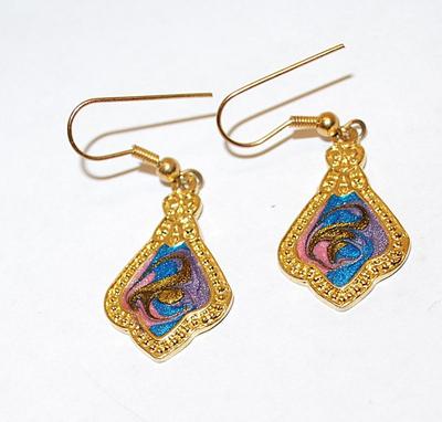 "Cloisonne' Style" Enamel Dangle EARRINGS Set with Gold Tone Surround and Wire Hook Clasp
