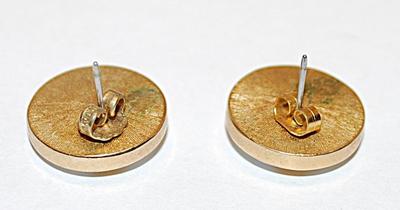 Vintage White Enamel Button-Style EARRINGS Set with Center Gold Colored Stripe and Stud Post Clasp