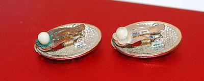 Oval 2-Tone EARRINGS Set with Brass-Style "Nubs" on a Graphic Design and Clip-On Clasp