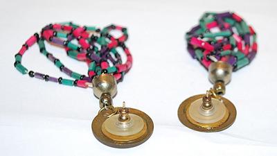 Pink & Green Tube Style BEAD EARRINGS Set with Gold Colored Disks and Stud Post Clasp