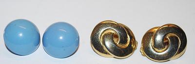 Collection of 2 Pairs EARRINGS - Blue Half Globe & Gold Tone Swirl with Snap-On Clasps
