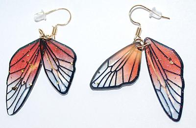 Beautiful Acrylic BUTTERFLY WINGS EARRINGS (1¾" x w½") with Black Lines, Glitter and Gold Tone Wire Hook Clasp