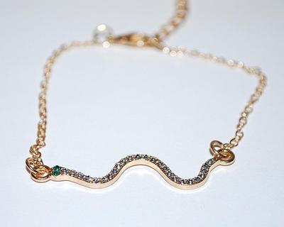 Fun GREEN-EYED Bejeweled SNAKE BRACELET ((2" Opening) with Gold Tone Chain & Lobster Clasp