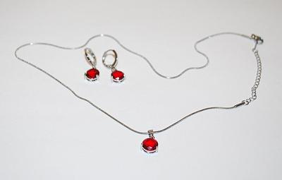 RED Round Beveled Single Stone Marked Stainless Steel Necklace Chain JEWELRY SET & Includes Matching Earrings (1' x ¾")...