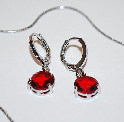 RED Round Beveled Single Stone Marked Stainless Steel Necklace Chain JEWELRY SET & Includes Matching Earrings (1' x ¾")...