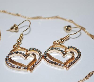 Beautiful Gold Colored Bejeweled "DOUBLE HEARTS NECKLACE (1½" Across+ 17" L) JEWELRY SET with Matching BRACELET (2¾"...