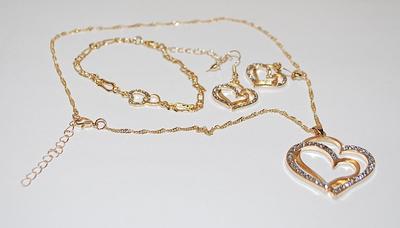 Beautiful Gold Colored Bejeweled "DOUBLE HEARTS NECKLACE (1½" Across+ 17" L) JEWELRY SET with Matching BRACELET (2¾"...