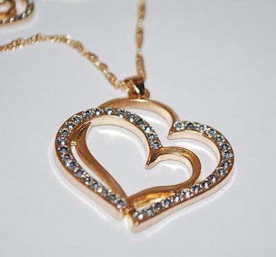 Beautiful Gold Colored Bejeweled "DOUBLE HEARTS NECKLACE (1½" Across+ 17" L) JEWELRY SET with Matching BRACELET (2¾"...