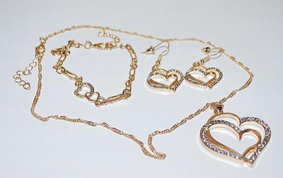 Beautiful Gold Colored Bejeweled "DOUBLE HEARTS NECKLACE (1½" Across+ 17" L) JEWELRY SET with Matching BRACELET (2¾"...
