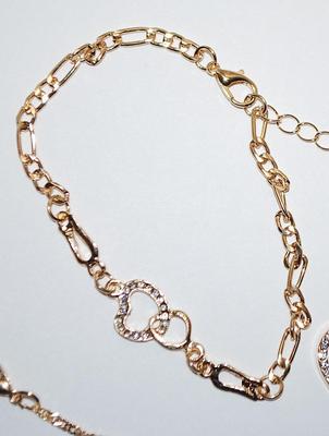 Beautiful Gold Colored Bejeweled "DOUBLE HEARTS NECKLACE (1½" Across+ 17" L) JEWELRY SET with Matching BRACELET (2¾"...