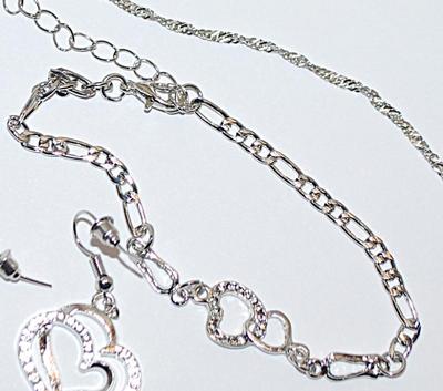 Beautiful Silver Colored Bejeweled "DOUBLE HEARTS NECKLACE (1½" Across+ 17" L) JEWELRY SET with Matching BRACELET...