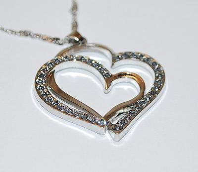 Beautiful Silver Colored Bejeweled "DOUBLE HEARTS NECKLACE (1½" Across+ 17" L) JEWELRY SET with Matching BRACELET...