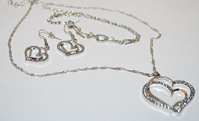Beautiful Silver Colored Bejeweled "DOUBLE HEARTS NECKLACE (1½" Across+ 17" L) JEWELRY SET with Matching BRACELET...