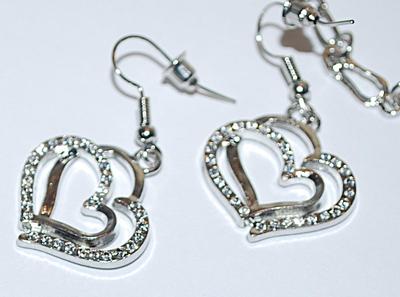 Beautiful Silver Colored Bejeweled "DOUBLE HEARTS NECKLACE (1½" Across+ 17" L) JEWELRY SET with Matching BRACELET...