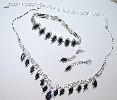 Beautiful Black Marquise Cut Stones Choker Bejeweled NECKLACE (6" Across+ 15" L) JEWELRY SET with Matching BRACELET (2¾"...