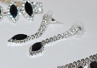 Beautiful Black Marquise Cut Stones Choker Bejeweled NECKLACE (6" Across+ 15" L) JEWELRY SET with Matching BRACELET (2¾"...