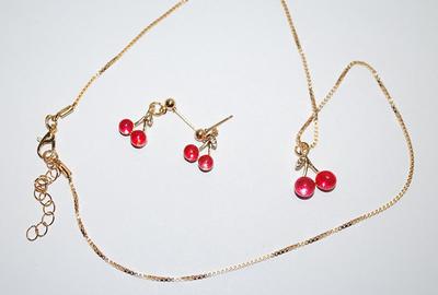 "DOUBLE CHERRIES" JEWELRY SET with NECKLACE (1" Across+ 16" L) & 3 Clear Accent Stones and Matching EARRINGS with...