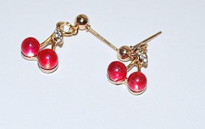 "DOUBLE CHERRIES" JEWELRY SET with NECKLACE (1" Across+ 16" L) & 3 Clear Accent Stones and Matching EARRINGS with...