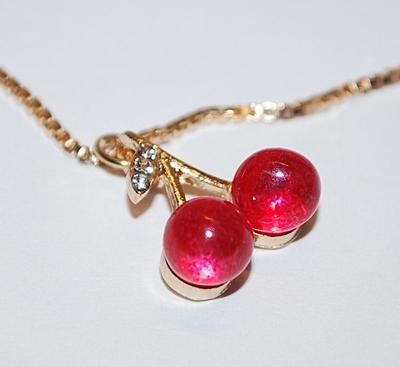 "DOUBLE CHERRIES" JEWELRY SET with NECKLACE (1" Across+ 16" L) & 3 Clear Accent Stones and Matching EARRINGS with...