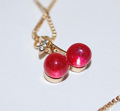 "DOUBLE CHERRIES" JEWELRY SET with NECKLACE (1" Across+ 16" L) & 3 Clear Accent Stones and Matching EARRINGS with...