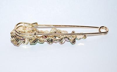 Beautiful Large Bejeweled PIN (3" x ¾") with RED Stones on Blossoms & Leaves on a Gold Tone Pin
