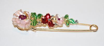 Beautiful Large Bejeweled PIN (3" x ¾") with RED Stones on Blossoms & Leaves on a Gold Tone Pin